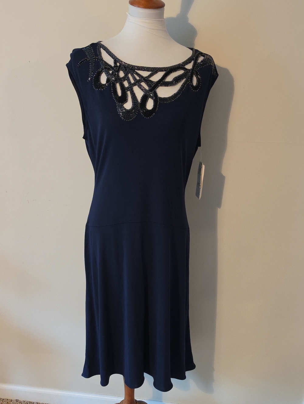 Adrianna Papell Sleeveless Navy Beaded Cutout Neck Dress Brand New
